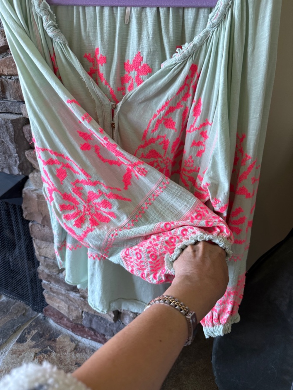Free People Mint Green Peasant Blouse with Neon Pink Embroidery - Picture 3 of 11